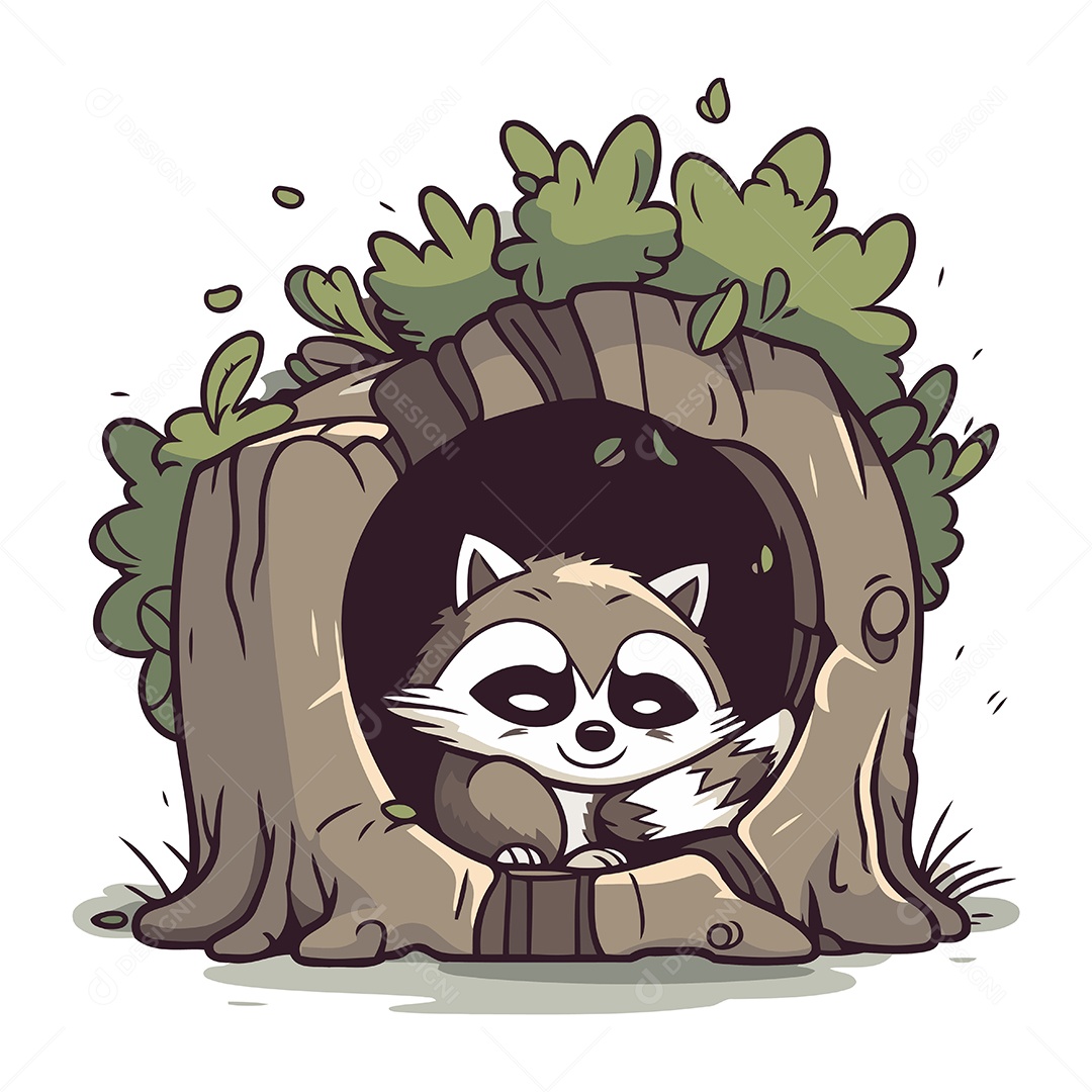 Guaxinim Dentro de Um Buraco em Uma Árvore Ilustração Vetor EPS