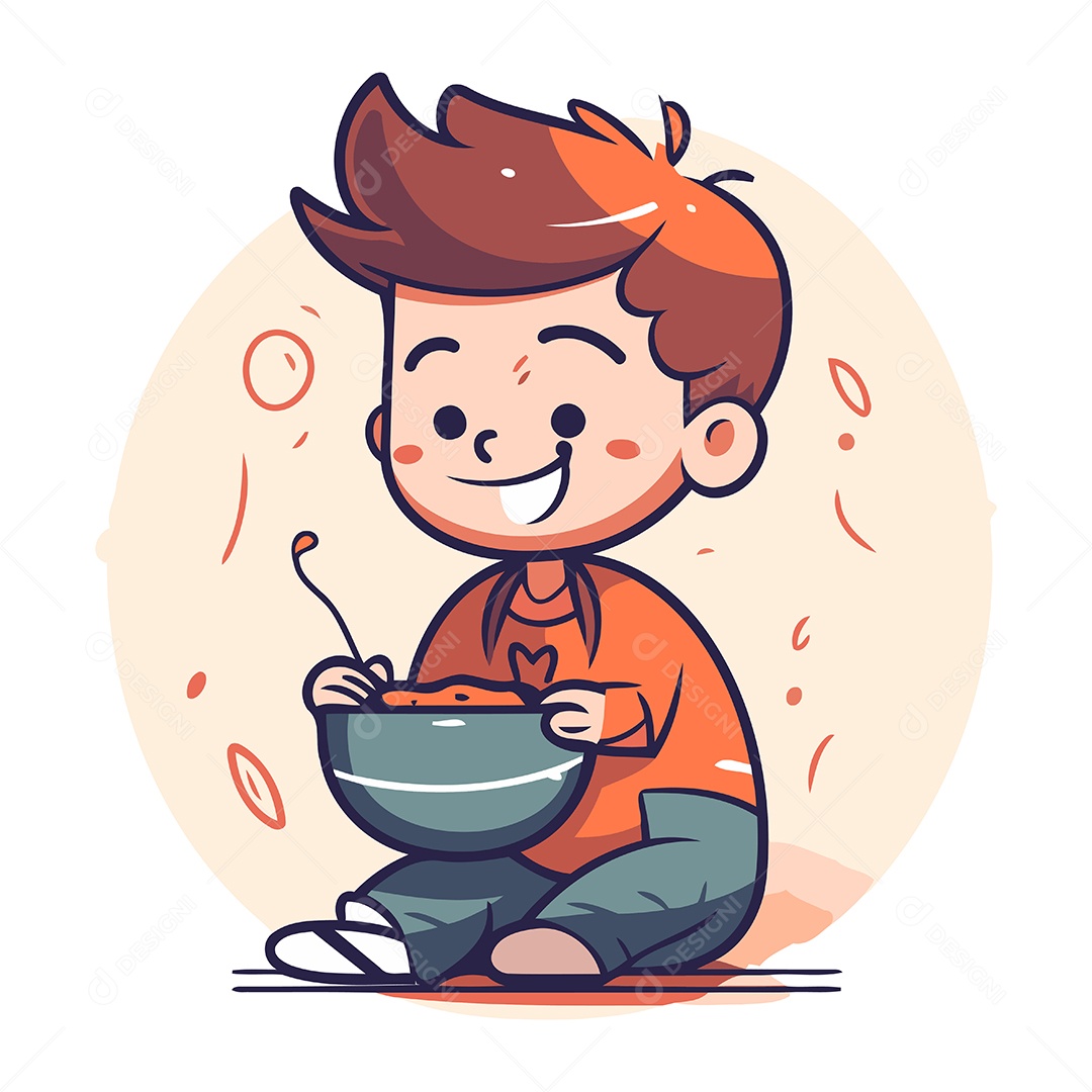 Menino Sentado no Chão Tomando Sopa Ilustração Vetor EPS