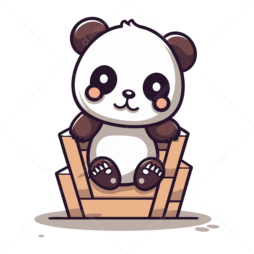 Panda Fofo Sentado em Uma Caixa de Madeira Ilustração Vetor EPS