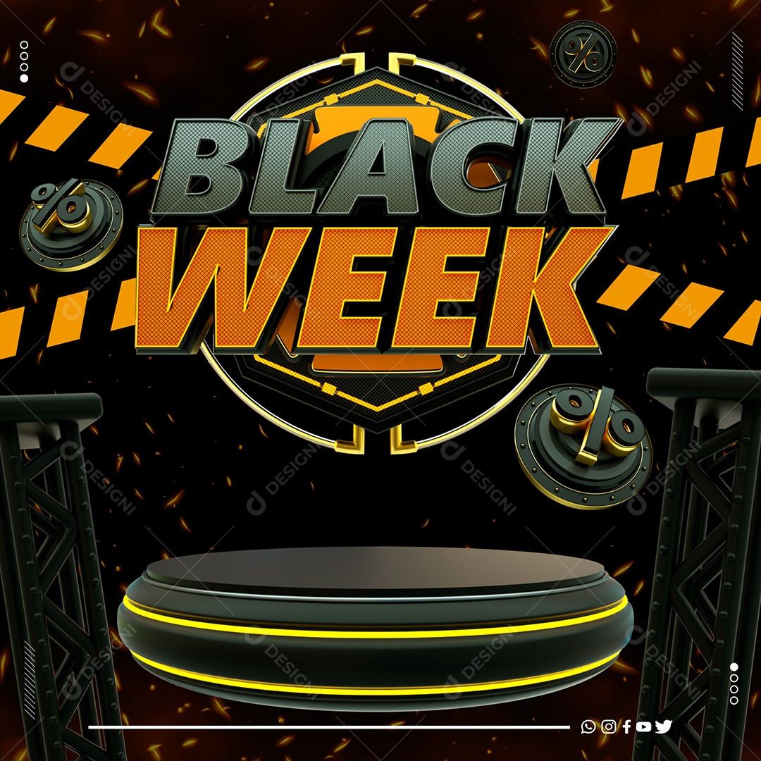 Black Week Selo 3D Preto Laranja para Composição PSD