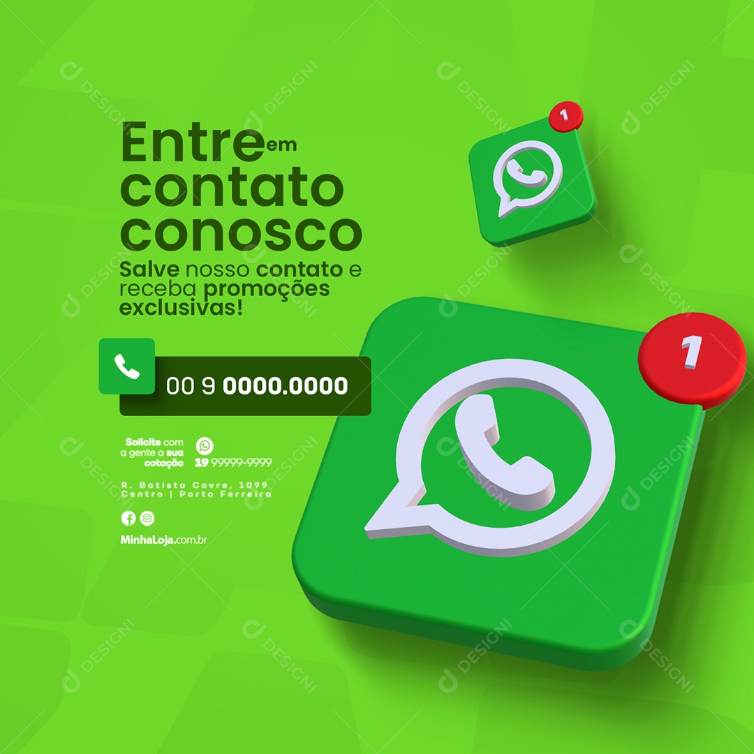 Entre em Contato Conosco Salve nosso Contato e Receba Promoções WhatsApp Lojas Empresas Comércios Social Media PSD Editável