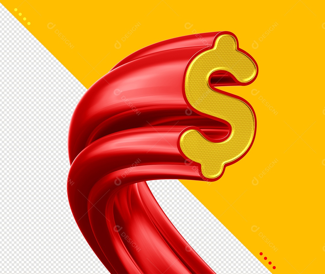 Elemento 3D Cifrão Amarelo e Vermelho para Composição PSD