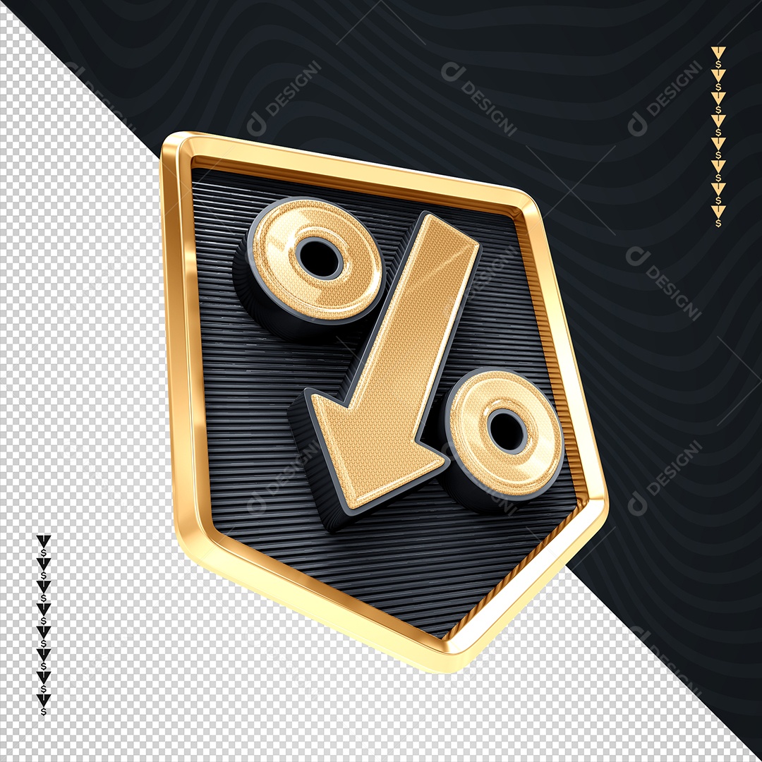 Elemento 3D Preto e Dourado de Desconto para Composição PSD