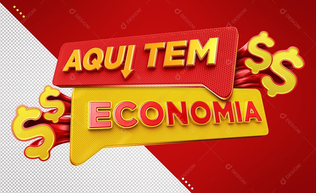 Aqui Tem Economia Selo 3D Dourado e Vermelho para Composição PSD
