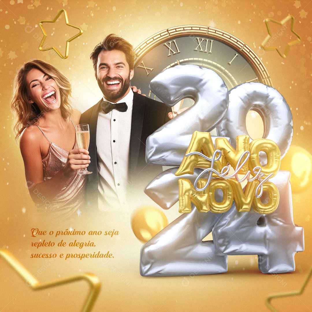 Feliz Ano Novo 2024 Seja Repleto de Alegria Sucesso e Prosperidade Social Media PSD Editável