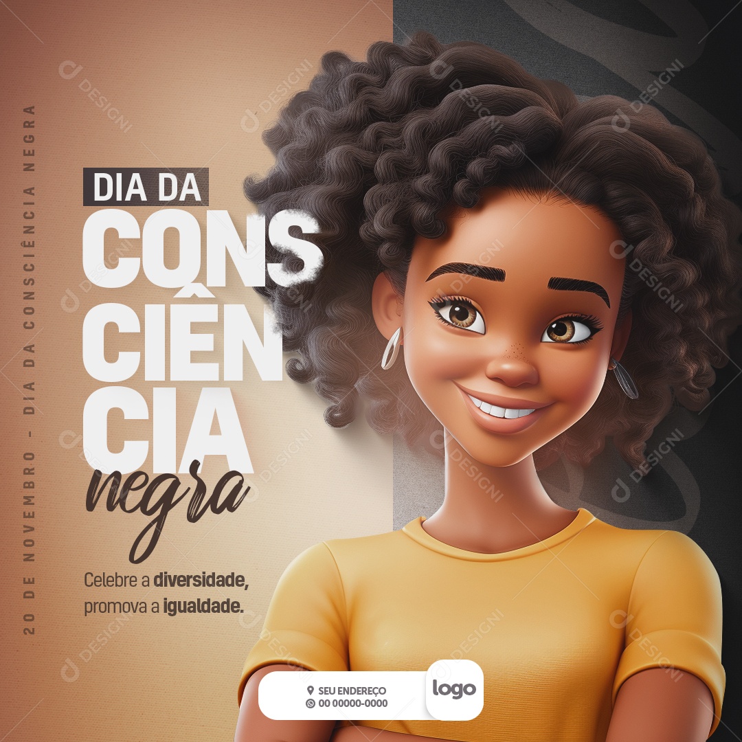 Dia da Consciência Negra 20 de Novembro Celebre a Diversidade Promova a Igualdade Social Media  PSD Editável