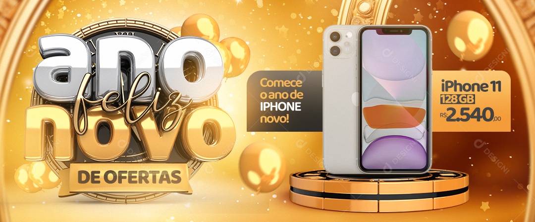 Banner Feliz Ano Novo de Ofertas Iphone 11 Social Media PSD Editável