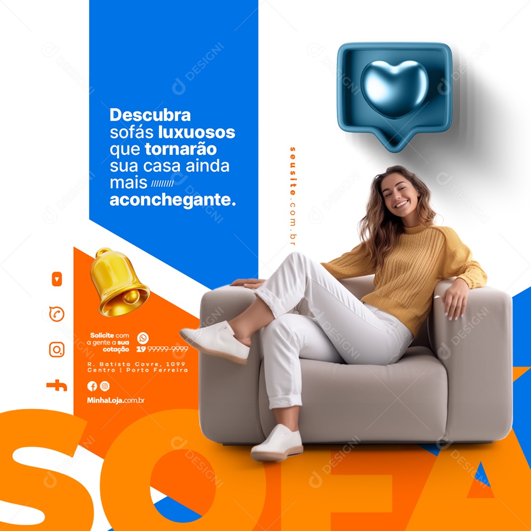 Loja de Sofás Descubra Sofás Luxuosos que Tornarão sua Casa Ainda mais Aconchegante Social Media PSD Editável