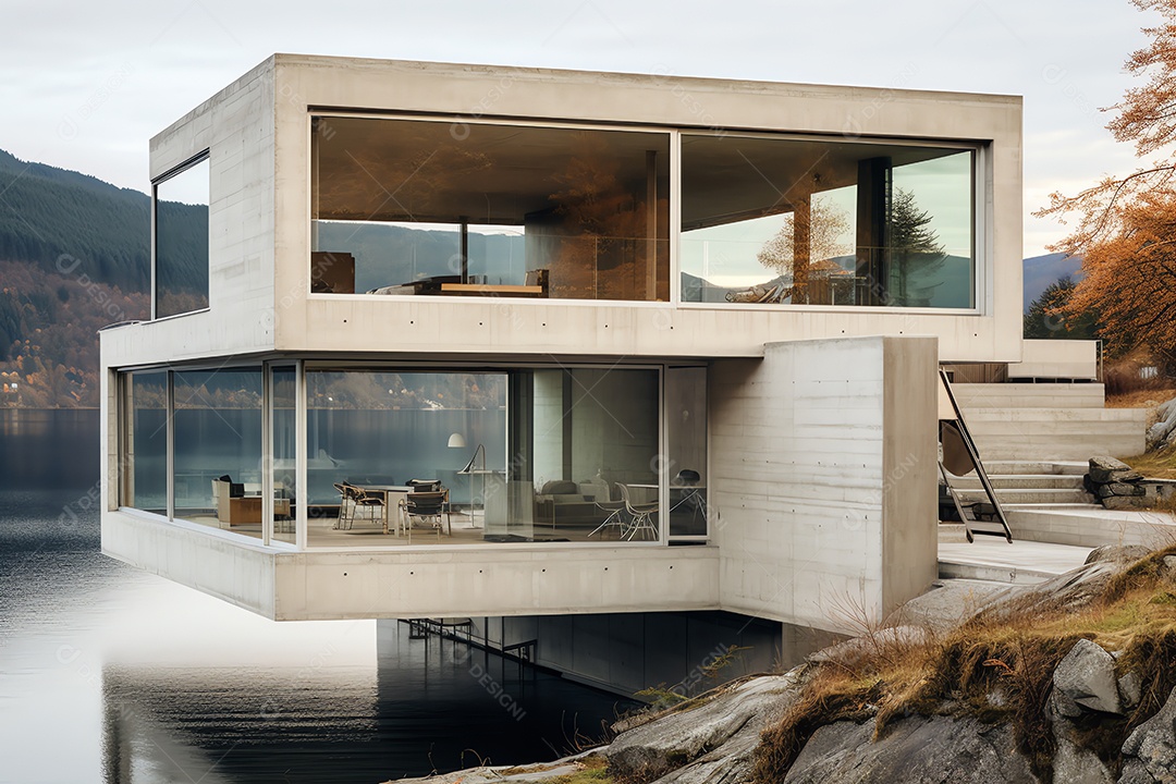 Vista frontal exterior da moderna casa de design cúbico em estilo escandinavo