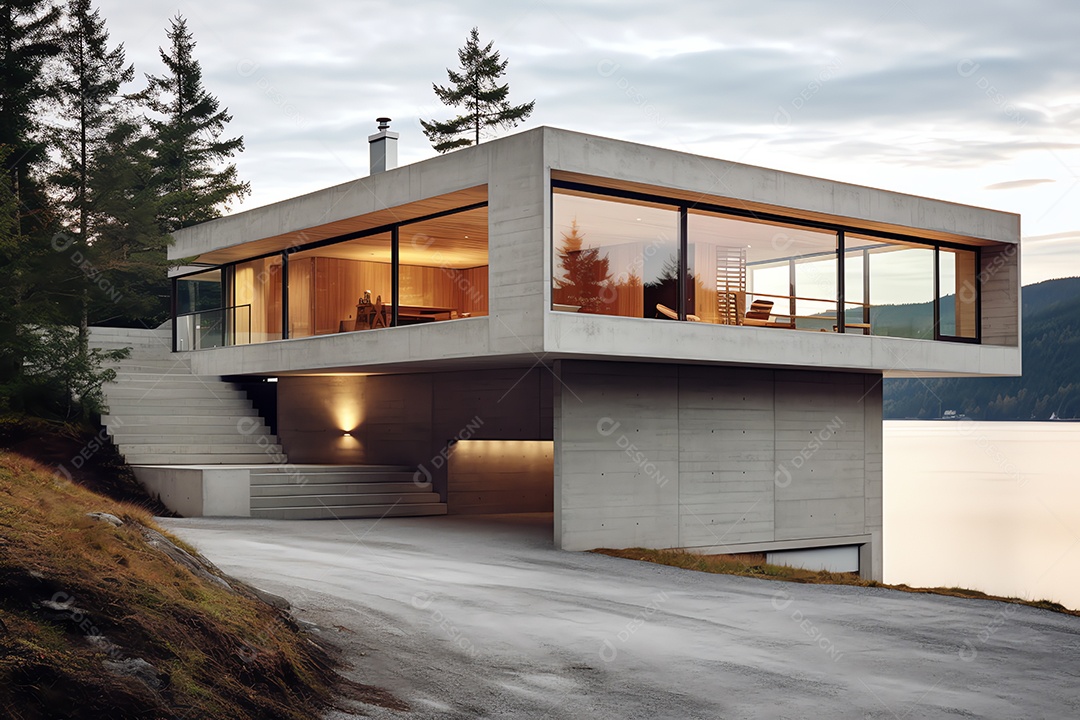 Vista frontal exterior da moderna casa de design cúbico em estilo escandinavo