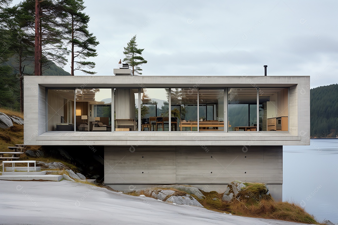 Vista frontal exterior da moderna casa de design cúbico em estilo escandinavo