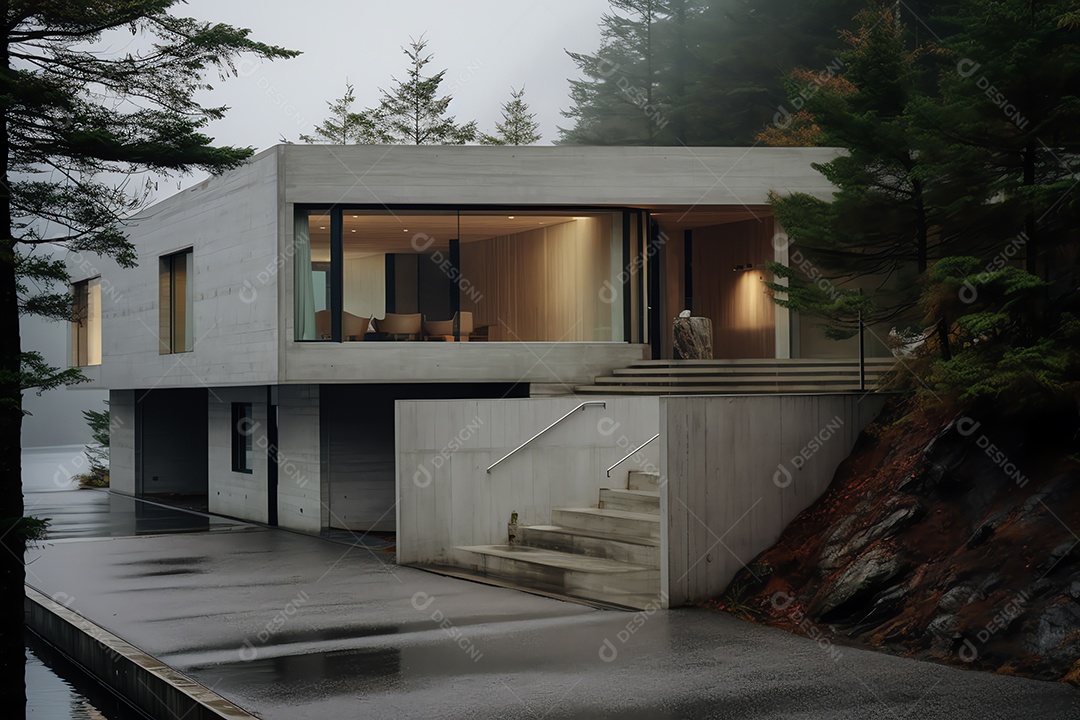 Vista frontal exterior da moderna casa de design cúbico em estilo escandinavo