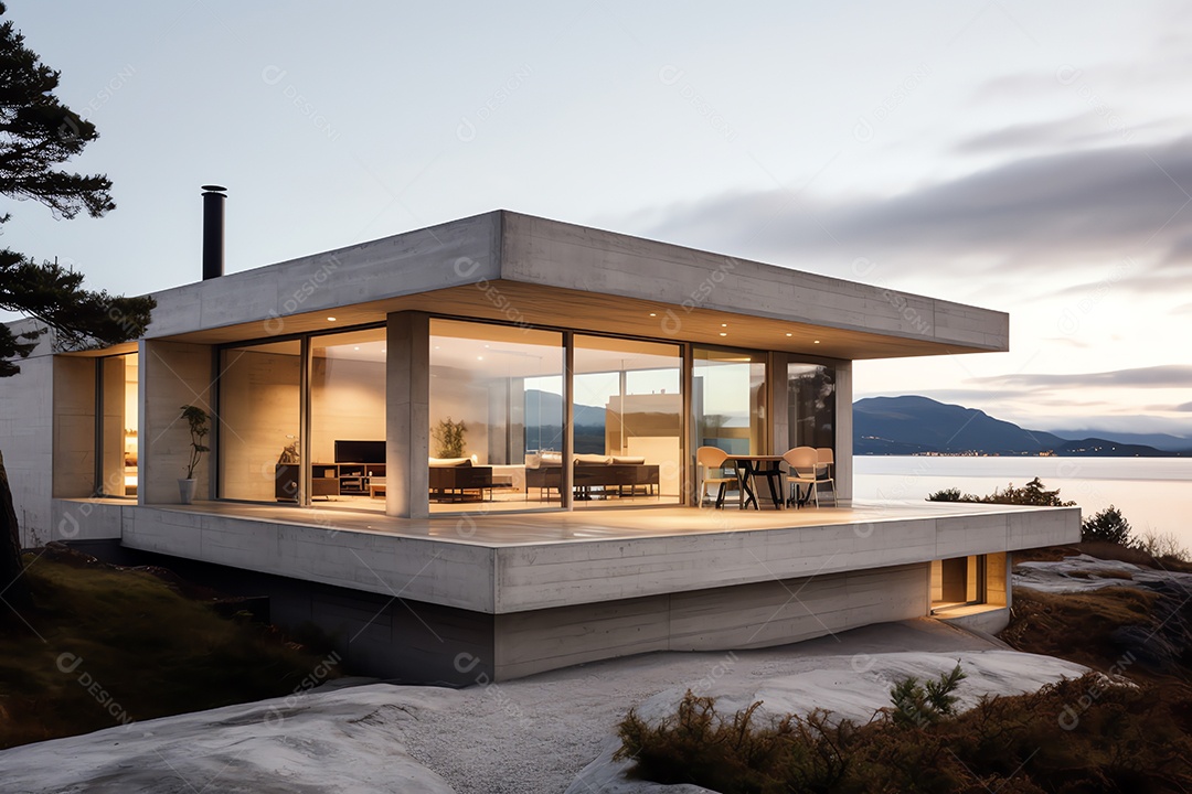 Vista frontal exterior da moderna casa de design cúbico em estilo escandinavo