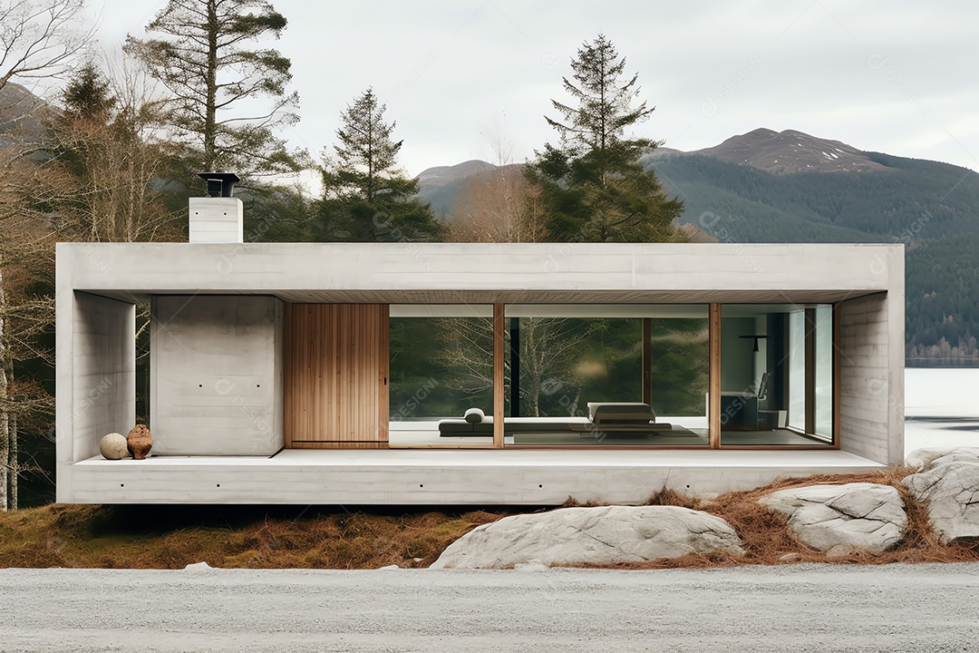 Vista frontal exterior da moderna casa de design cúbico em estilo escandinavo