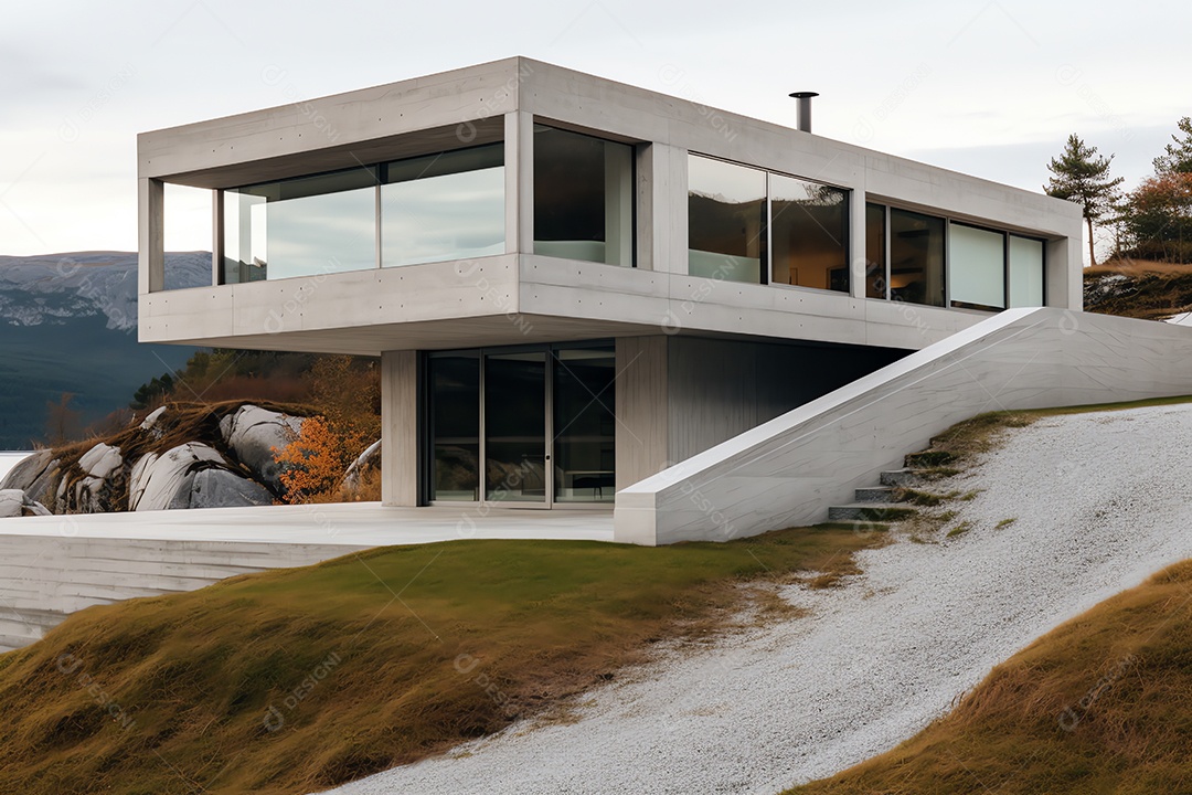 Vista frontal exterior da moderna casa de design cúbico em estilo escandinavo