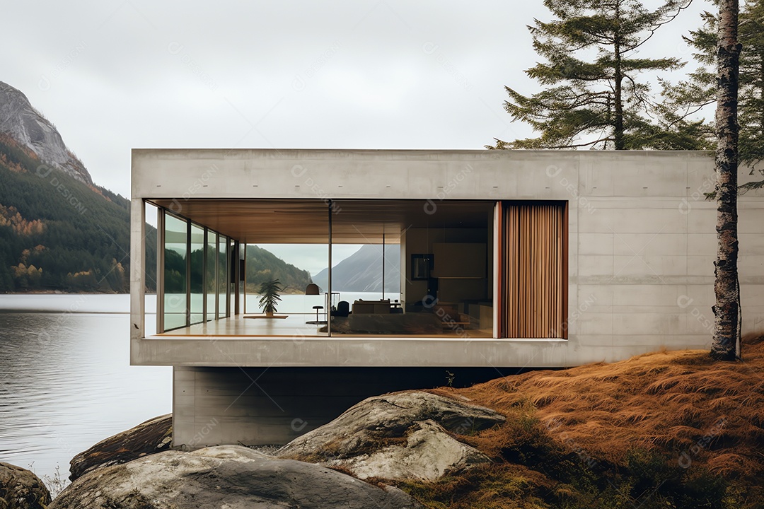 Vista frontal exterior da moderna casa de design cúbico em estilo escandinavo