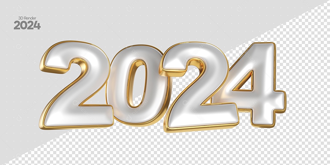 Número 3D 2024 Branco e Dourado Para Composição PSD