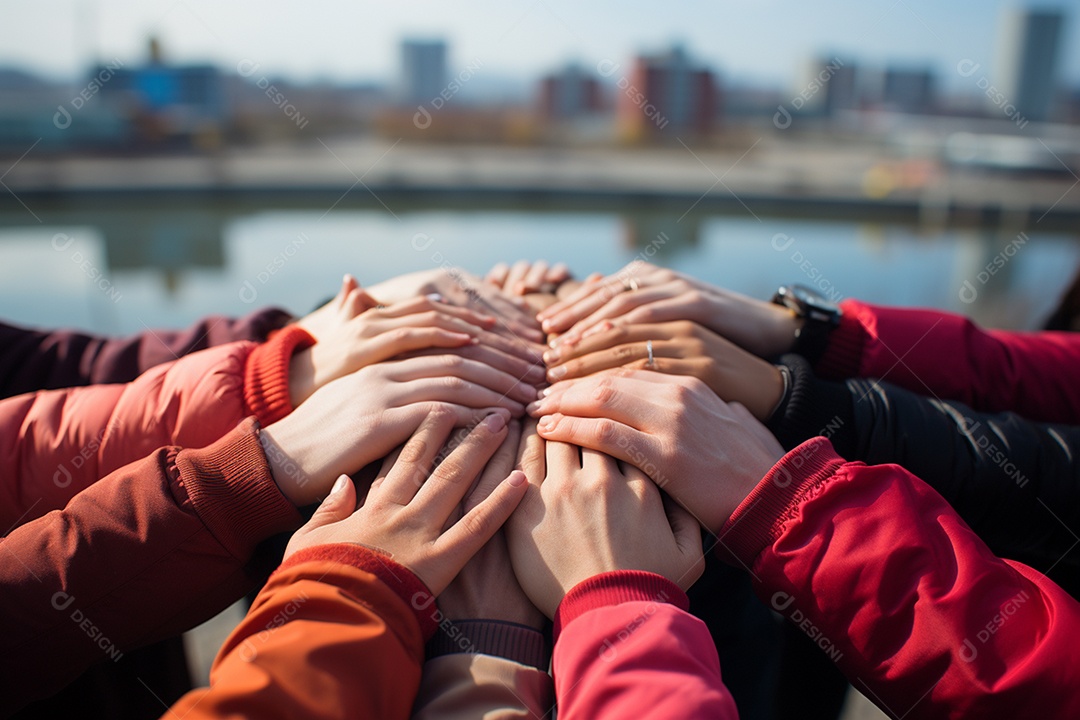 Trabalhando juntos o conceito de trabalho em equipe com as mãos unidas
