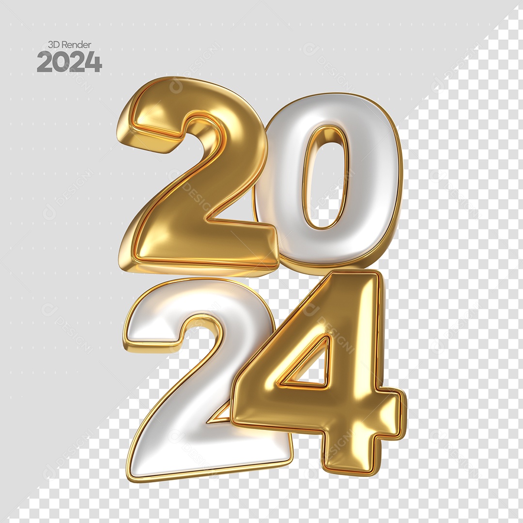 Número 3D 2024 Prata e Dourado Para Composição PSD