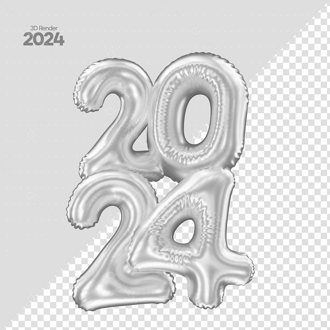 Balão 3D Número 2024 Prata Para Composição PSD
