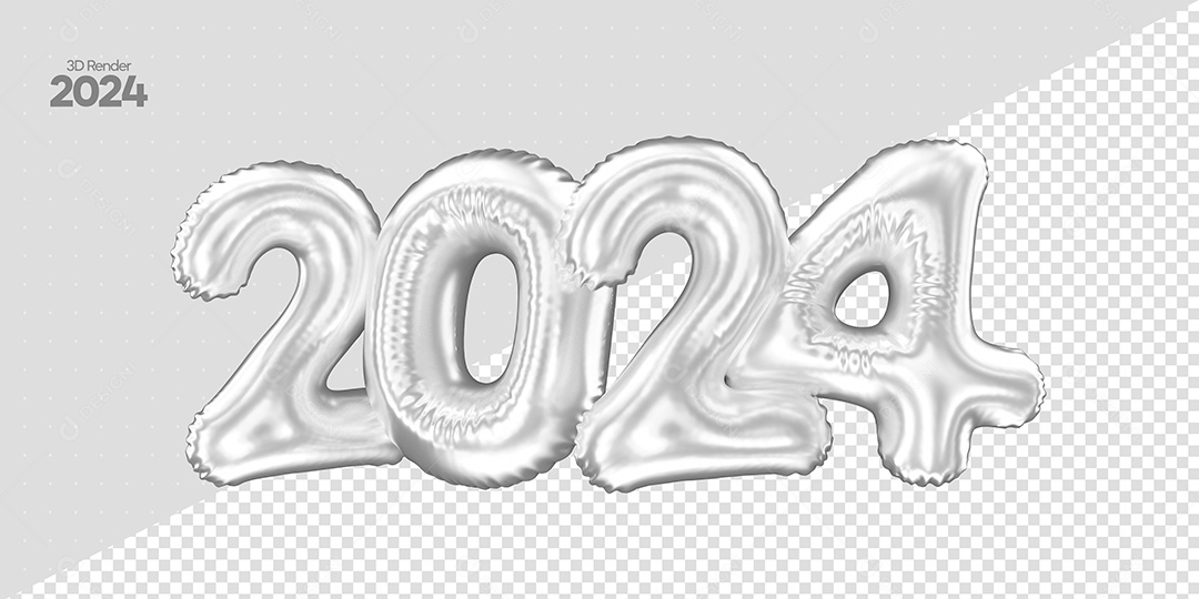 Balão 3D Número 2024 Prata Para Composição PSD