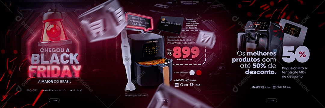 Carrossel Black Friday Loja de Eletrodoméstico Airfryer Cafeteira Expresso Os Melhores Produtos com Até 50% de Desconto Social Media PSD Editável