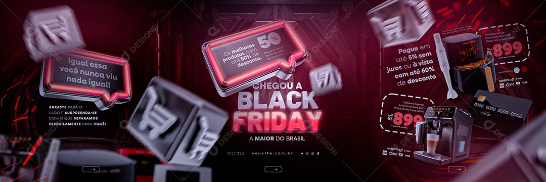 Carrossel Chegou a Black Friday Loja de Eletrodoméstico Fritadeira Airfryer Cafeteira Expresso Social Media PSD Editável