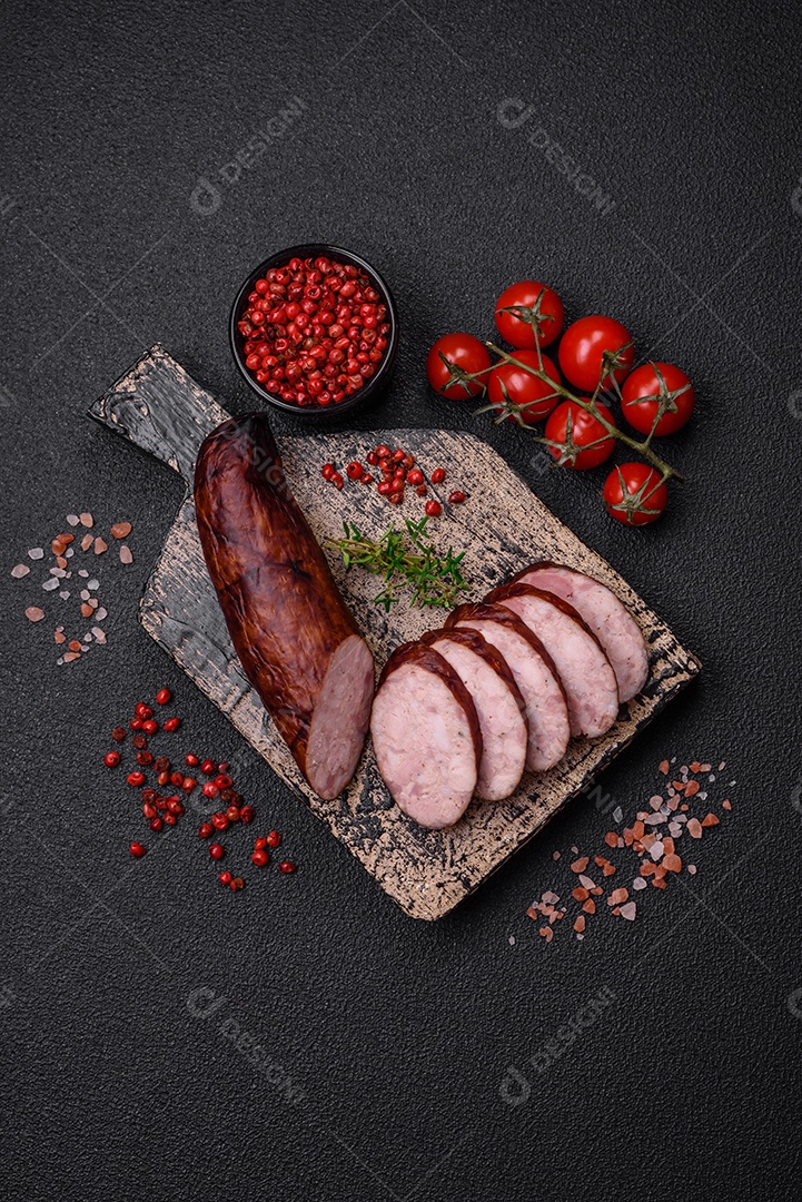 Deliciosa salsicha defumada com sal e especiarias cortadas em fatias sobre um fundo escuro de concreto