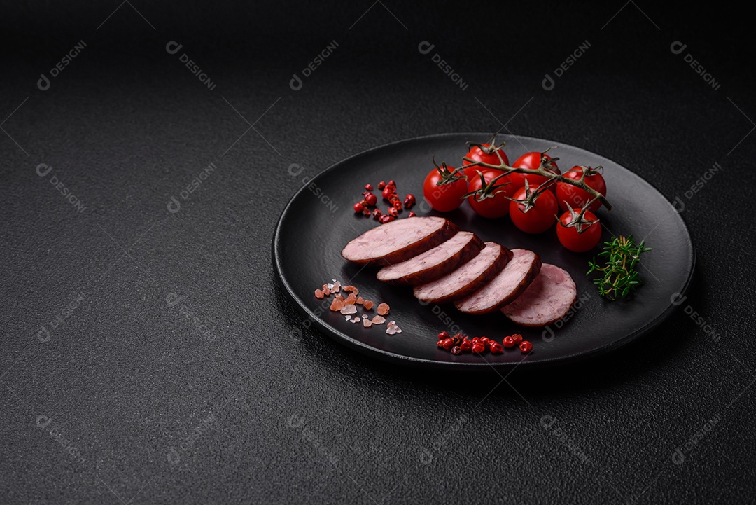 Deliciosa salsicha defumada com sal e especiarias cortadas em fatias sobre um fundo escuro de concreto