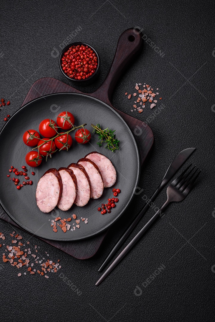 Deliciosa salsicha defumada com sal e especiarias cortadas em fatias sobre um fundo escuro de concreto