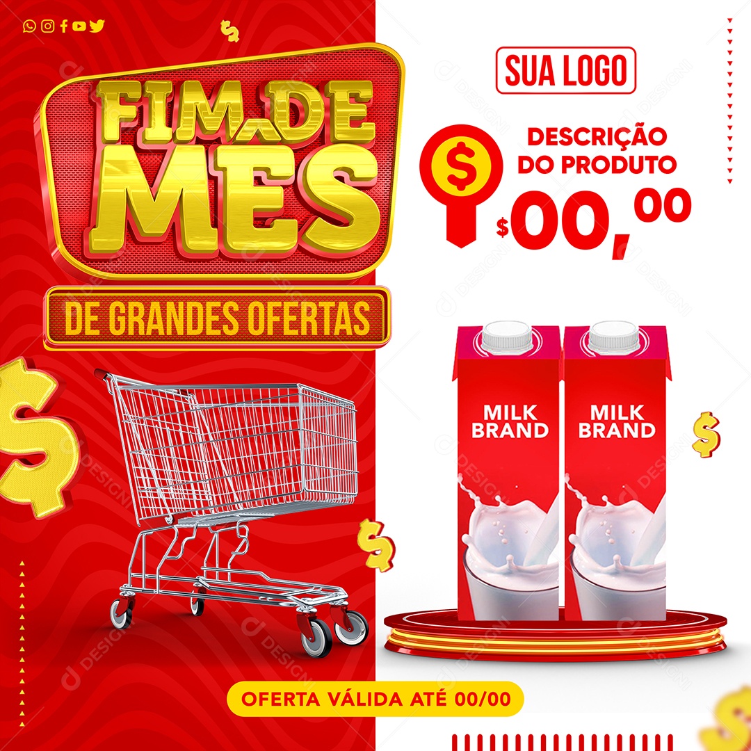 Supermercado Fim De Mês De Grandes Ofertas Leite de Caixinha Brand Oferta Social Media PSD Editável