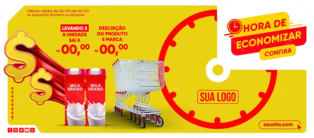 Banner Supermercado Hora De Economizar Leite De Caixinha Brand Social Media PSD Editável