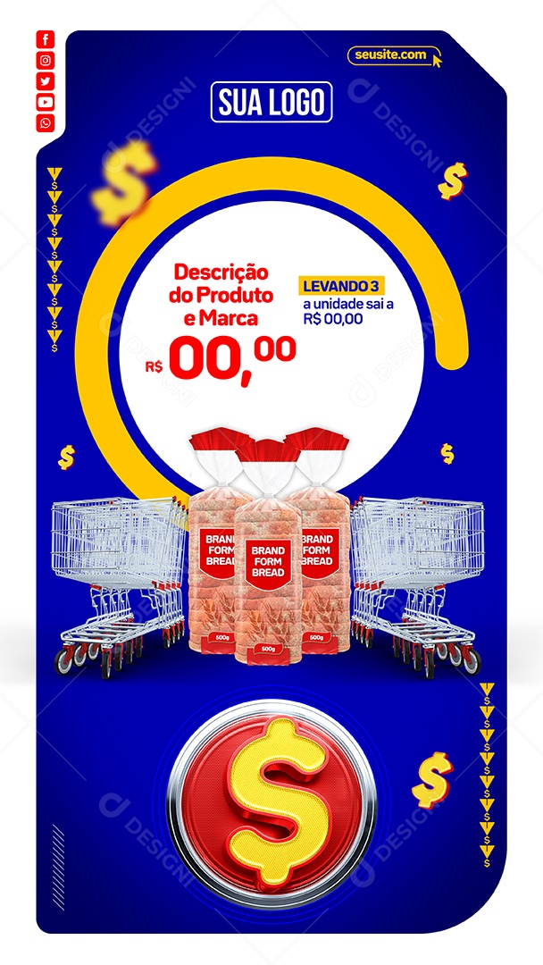 Story Supermercado Pão De Forma Carrinho de Compras Social Media PSD Editável