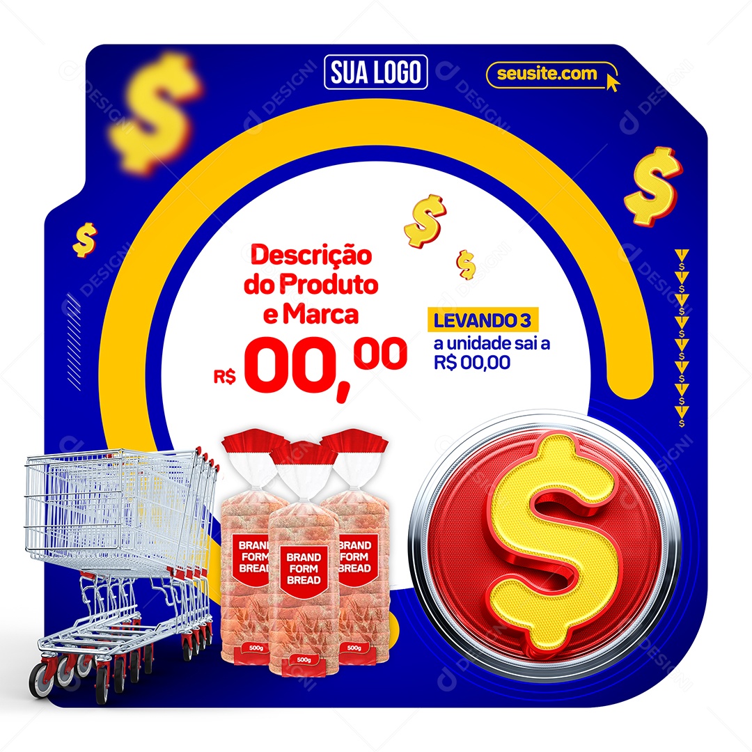 Supermercado Pão De Forma Carrinho de Compras Social Media PSD Editável