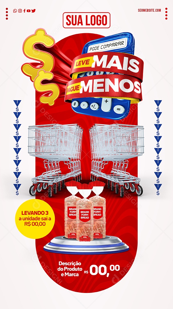 Story Supermercado Leve Mais Pague Menos Pão de Forma Brand Social Media PSD Editável