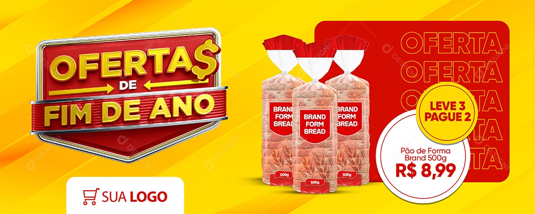 Banner Supermercado Ofertas De Fim De Ano Pão de Forma Brand Leve 3 Pague 2 Social Media PSD Editável