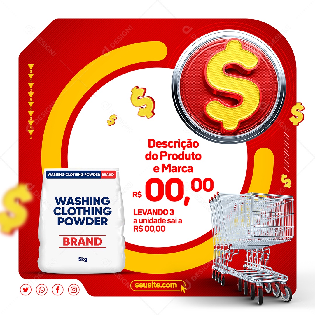 Supermercado Produto Carrinho de Compras Levando 3 a Unidade Sai a 00,00 Social Media PSD Editável