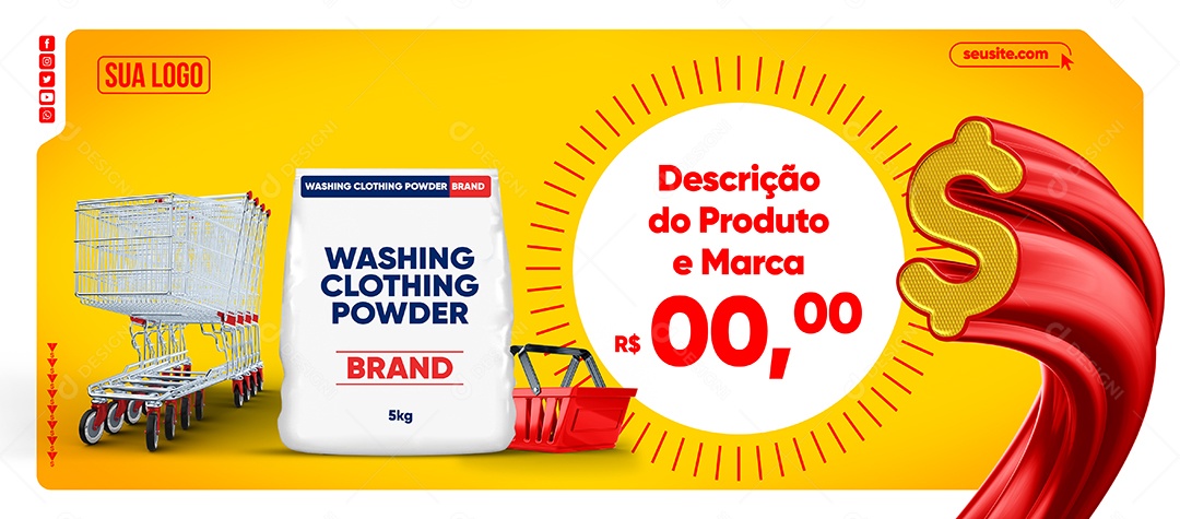 Banner Supermercado Produtos Carrinho de Compras Cesta de Compras Social Media PSD Editável