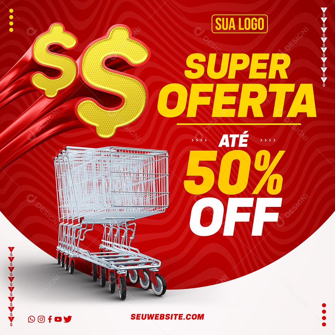 Supermercado Super Oferta Até 70% Off Produtos Carrinho de Compras Social Media PSD Editável