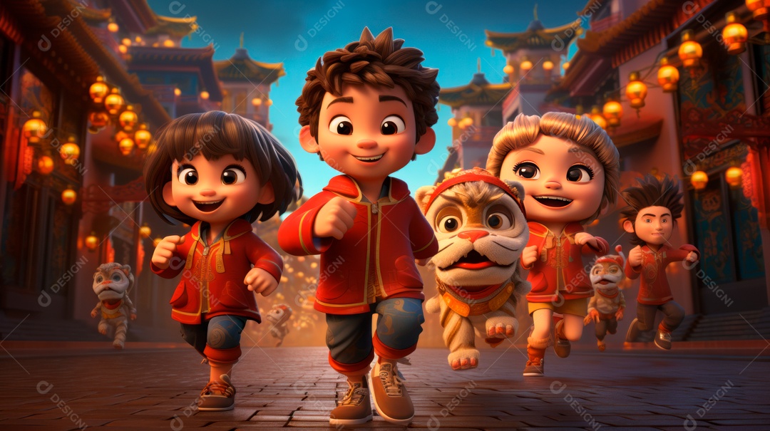 Festival de ano novo chinês de desenho animado 3D 10 de fevereiro IA generativa.