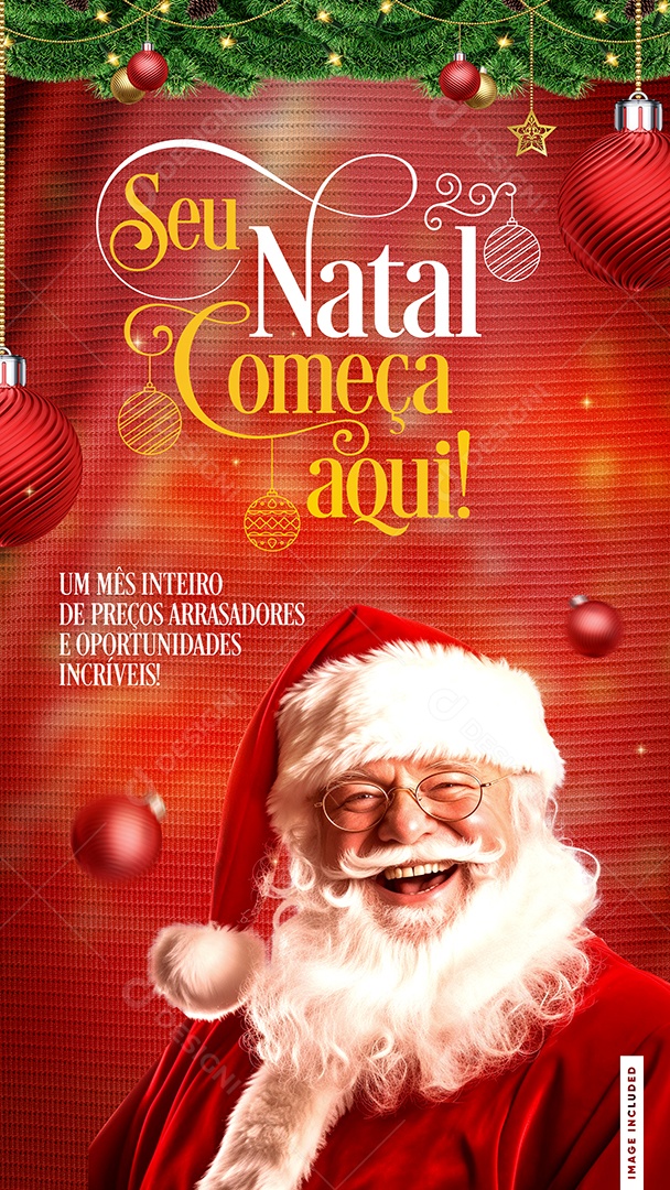 Story Cartão Natalino Lojas Supermercado Comércios Seu Natal Começa Aqui Um Mês Inteiro de Preços Arrasadores Social Media PSD Editável