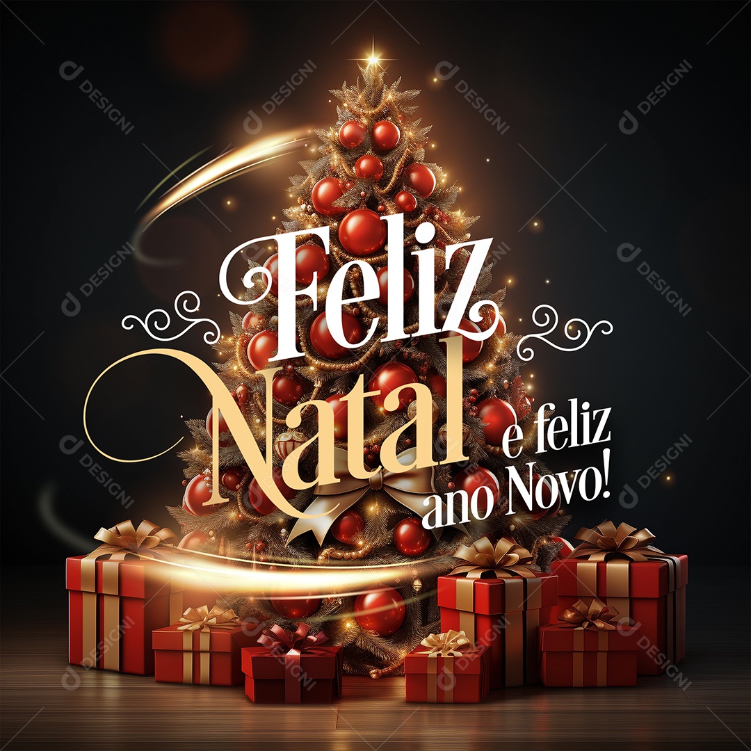 Cartão Natalino Lojas Supermercado Comércios Feliz Natal e Feliz Ano Novo Social Media PSD Editável