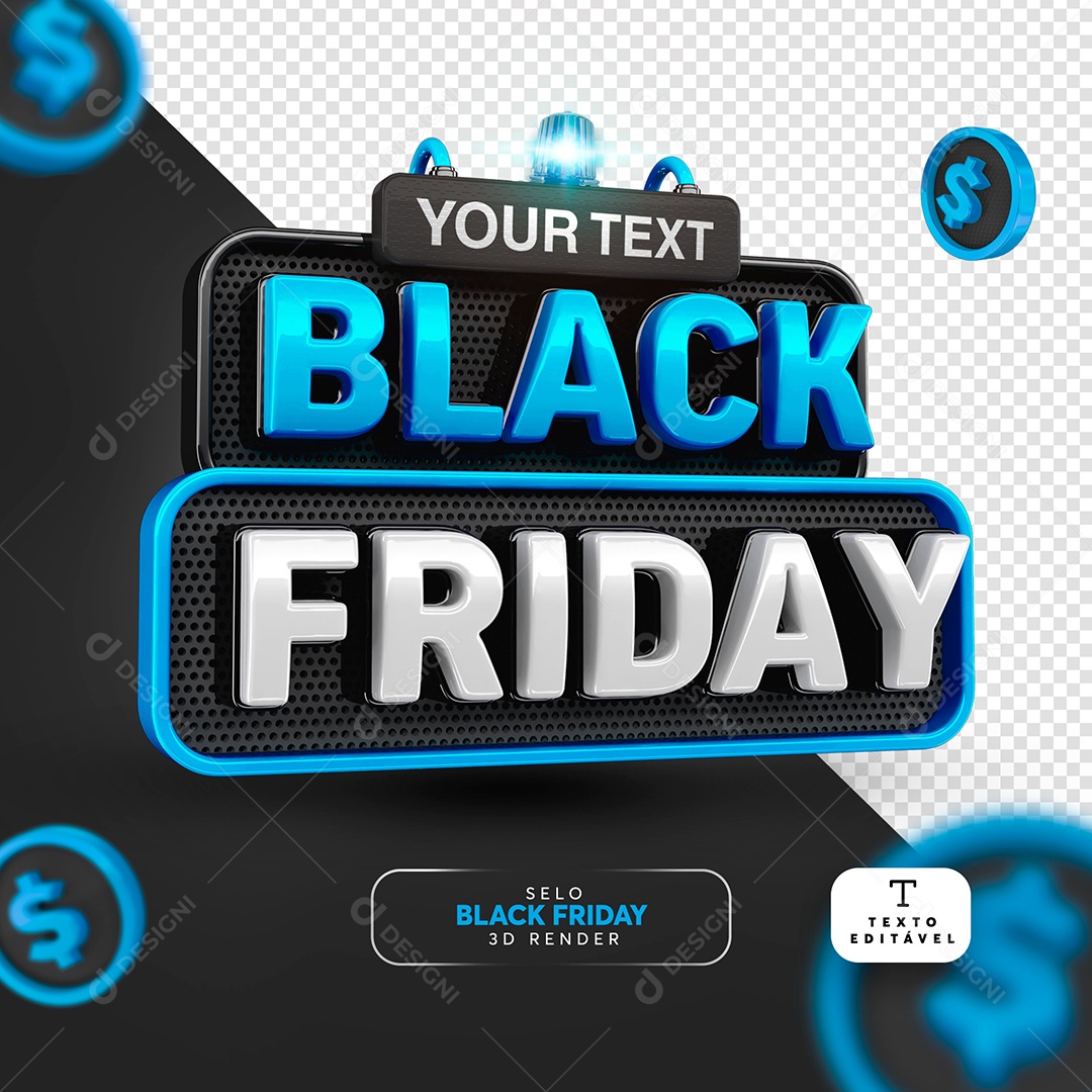 Black Friday Selo 3D Azul Branco para Composição PSD