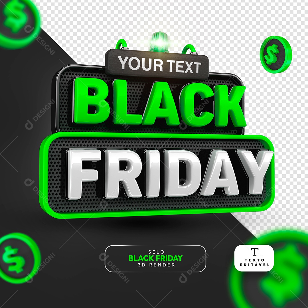 Black Friday Selo 3D Verde Branco para Composição PSD
