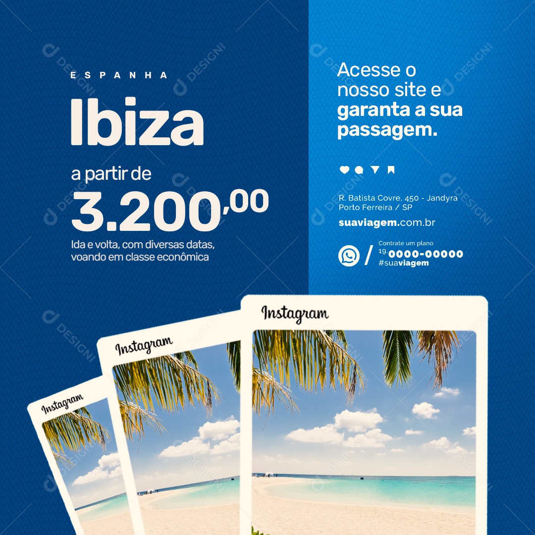 Agência de Viagens Acesse o Nosso Site e Garanta a sua Passagem Espanha Ibiza Ida e Volta Social Media PSD Editável
