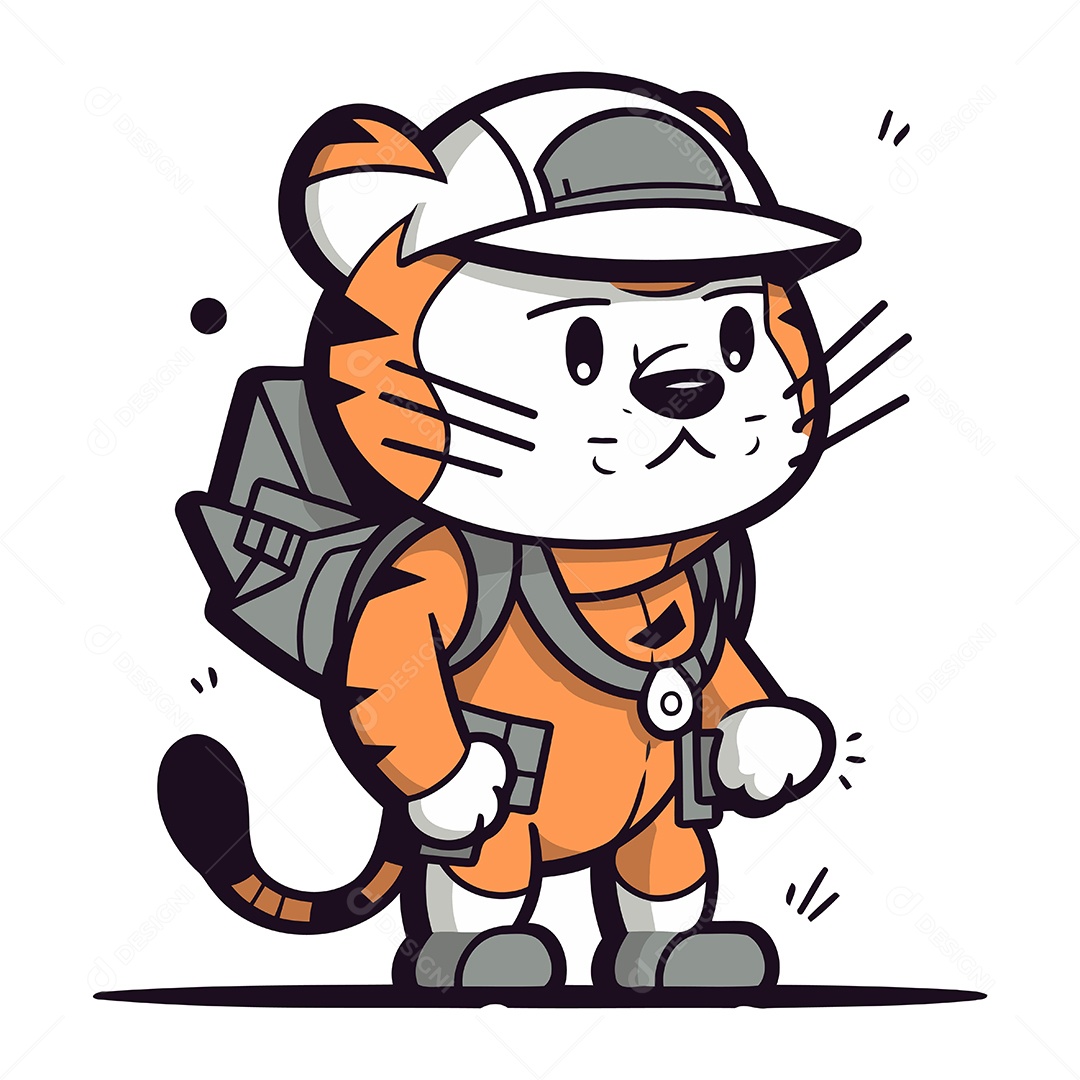 Tigre Fofo com Mochila e Boné Ilustração Vetor EPS