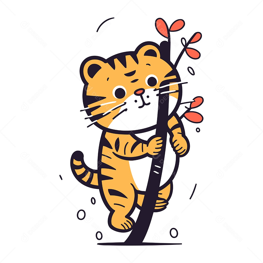 Tigre Fofo em Pé no Galho de Uma Árvore Ilustração Vetor EPS