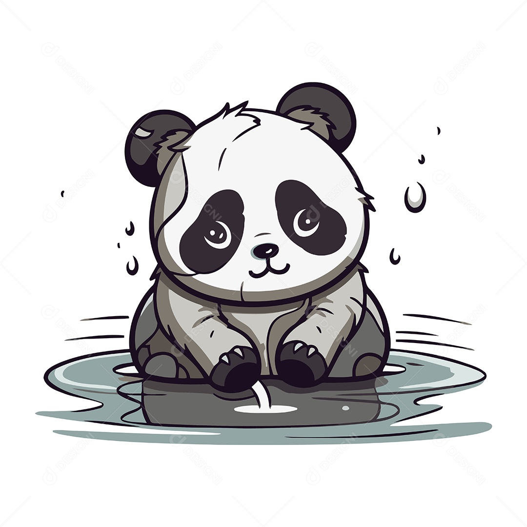 Panda Fofo Sentado em Uma Poça de Água Ilustração Vetor EPS