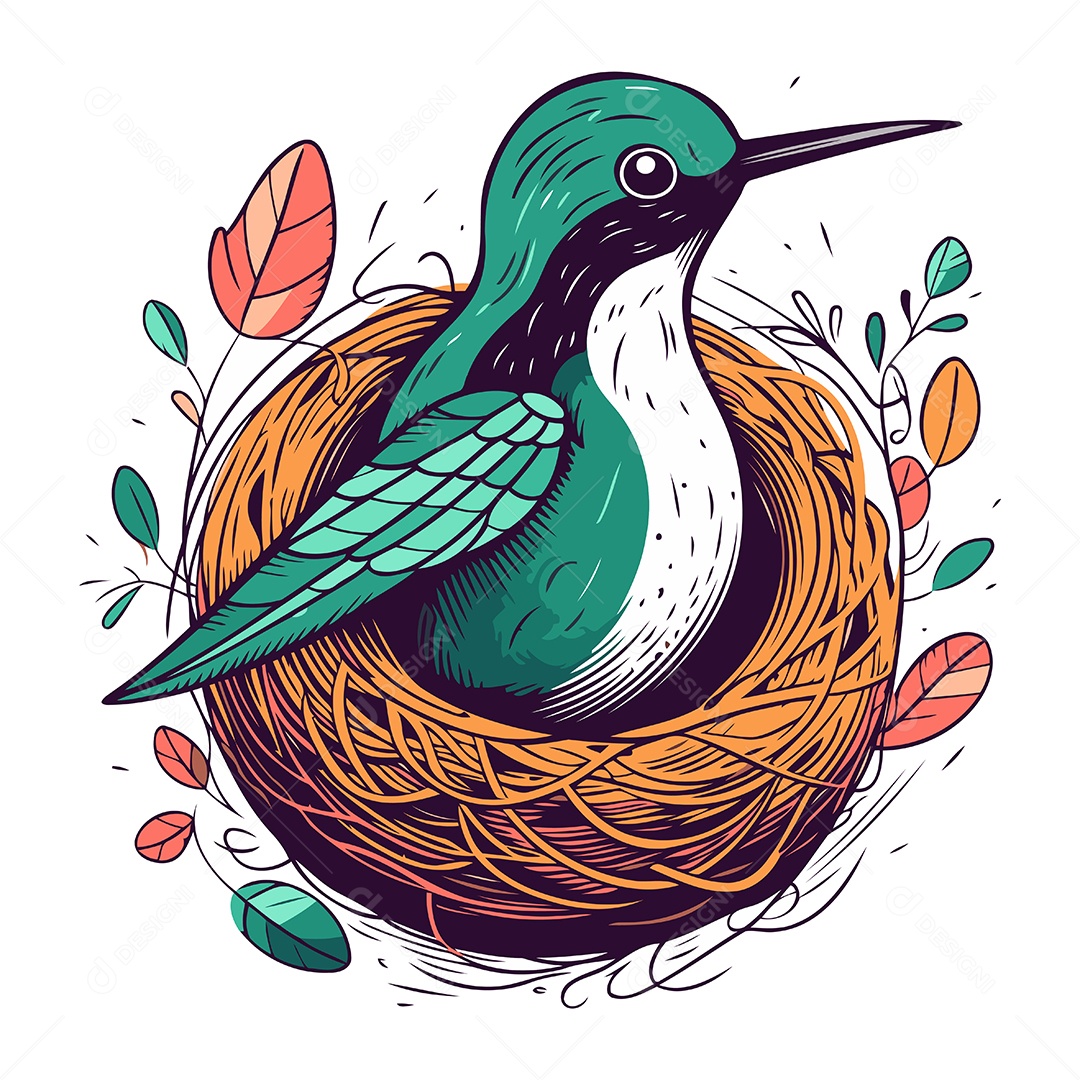 Beija Flor de Desenho Animado em um Ninho Ilustração Vetor EPS