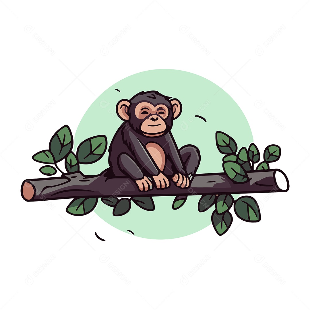 Macaco Fofo Sentado em Um Galho de Árvore Ilustração Vetor EPS